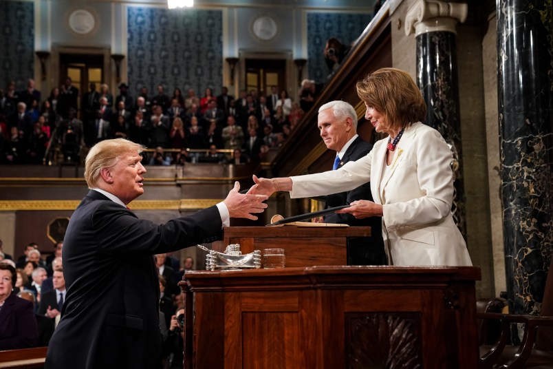 FEBRUARY 5, 2019 - WASHINGTON, DC: President Donald Trump delivered the State of the Union address, with Vice President Mike Pence and Speaker of the House Nancy Pelosi, at the Capitol in Washington, DC on February 5, 2019. (Doug Mills/The New York Times POOL PHOTO) NYTSOTU