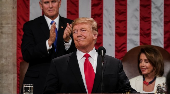 FEBRUARY 5, 2019 - WASHINGTON, DC: President Donald Trump delivered the State of the Union address, with Vice President Mike Pence and Speaker of the House Nancy Pelosi, at the Capitol in Washington, DC on February 5, 2019. (Doug Mills/The New York Times POOL PHOTO) NYTSOTU