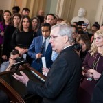 UNITED STATES - FEBRUARY 12: Senate Majority Leader Mitch McConnell, R-Ky., conducts a news conference after the Senate Policy luncheons to discuss  bipartisan agreement reached on government spending and border security on Tuesday, February 12, 2019. (Photo By Tom Williams/CQ Roll Call)