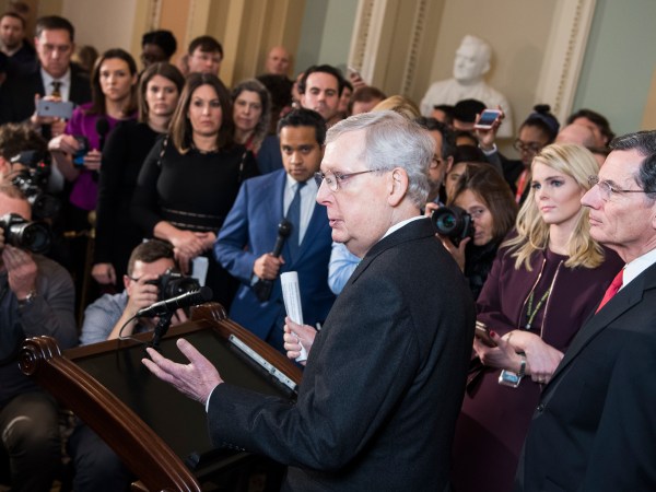 UNITED STATES - FEBRUARY 12: Senate Majority Leader Mitch McConnell, R-Ky., conducts a news conference after the Senate Policy luncheons to discuss  bipartisan agreement reached on government spending and border security on Tuesday, February 12, 2019. (Photo By Tom Williams/CQ Roll Call)