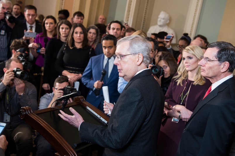 UNITED STATES - FEBRUARY 12: Senate Majority Leader Mitch McConnell, R-Ky., conducts a news conference after the Senate Policy luncheons to discuss  bipartisan agreement reached on government spending and border security on Tuesday, February 12, 2019. (Photo By Tom Williams/CQ Roll Call)
