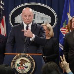 WASHINGTON, DC - JANUARY 28: (L-R) U.S. Commerce Secretary Wilbur Ross, acting Attorney General Matthew Whitaker, Homeland Security Secretary Kirstjen Nielsen, Federal Bureau of Investigation Director Christopher Wray and U.S. Attorney Richard Donoghue of the Eastern District of New York announce new criminal charges against Chinese telecommunications giant Huawei at the Department of Justice January 28, 2019 in Washington, DC. The Justice Department is charging Huawei and its American affiliate with theft of trade secrets, wire fraud, and obstruction of justice. The recent arrest of Huawei CFO Meng Wanzhou in Canada has strained relations between the United States and China as the Trump administration seeks to have her extradited to the U.S. (Photo by Chip Somodevilla/Getty Images)