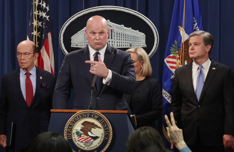 WASHINGTON, DC - JANUARY 28: (L-R) U.S. Commerce Secretary Wilbur Ross, acting Attorney General Matthew Whitaker, Homeland Security Secretary Kirstjen Nielsen, Federal Bureau of Investigation Director Christopher Wray and U.S. Attorney Richard Donoghue of the Eastern District of New York announce new criminal charges against Chinese telecommunications giant Huawei at the Department of Justice January 28, 2019 in Washington, DC. The Justice Department is charging Huawei and its American affiliate with theft of trade secrets, wire fraud, and obstruction of justice. The recent arrest of Huawei CFO Meng Wanzhou in Canada has strained relations between the United States and China as the Trump administration seeks to have her extradited to the U.S. (Photo by Chip Somodevilla/Getty Images)