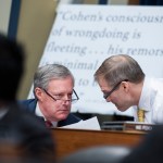 UNITED STATES - FEBRUARY 27: Rep. Mark Meadows, R-N.C., left, and ranking member Rep. Jim Jordan, R-Ohio, are seen during a House Oversight and Reform Committee hearing in Rayburn Building featuring testimony by Michael Cohen, former attorney for President Donald Trump, on Russian interference in the 2016 election on Wednesday, February 27, 2019. (Photo By Tom Williams/CQ Roll Call)