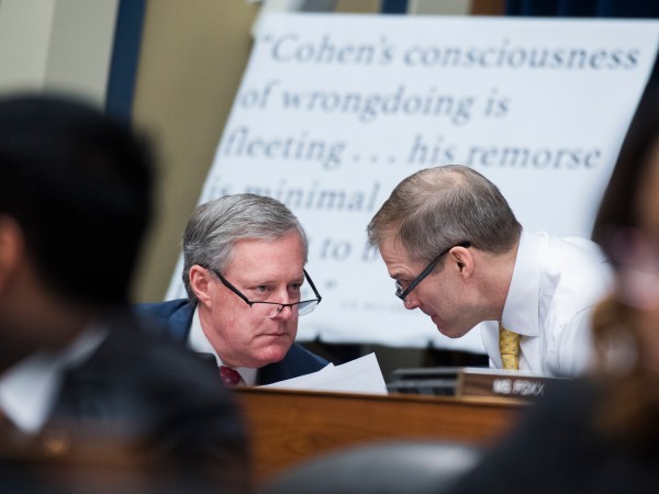 UNITED STATES - FEBRUARY 27: Rep. Mark Meadows, R-N.C., left, and ranking member Rep. Jim Jordan, R-Ohio, are seen during a House Oversight and Reform Committee hearing in Rayburn Building featuring testimony by Michael Cohen, former attorney for President Donald Trump, on Russian interference in the 2016 election on Wednesday, February 27, 2019. (Photo By Tom Williams/CQ Roll Call)