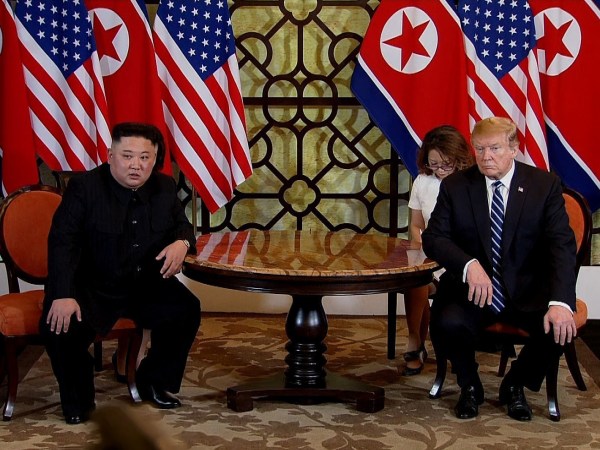 HANOI, VIETNAM - FEBRUARY 28: A handout photo of U.S. President Donald Trump (R) and North Korean leader Kim Jong-un (L) during their second summit meeting at the Sofitel Legend Metropole hotel on February 28, 2019 in Hanoi, Vietnam. U.S President Donald Trump and North Korean leader Kim Jong-un abruptly cut short their two-day summit in Vietnam as talks broke down and both leaders failed to reach an agreement on nuclear disarmament. Trump said in a press conference on Thursday that the United States was unwilling to lift all sanctions and no plans had been made for a third summit. (Photo by Vietnam News Agency/Handout/Getty Images)