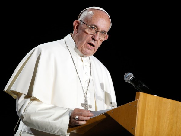 Pope Francis gives a speech during the 'Together in Hope' event at Malmo Arena on October 31, 2016 in Malmo, Sweden. The Pope is on 2 days visit attending Catholic-Lutheran Commemoration in Lund and Malmo.