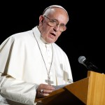 Pope Francis gives a speech during the 'Together in Hope' event at Malmo Arena on October 31, 2016 in Malmo, Sweden. The Pope is on 2 days visit attending Catholic-Lutheran Commemoration in Lund and Malmo.