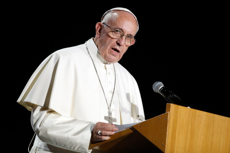 Pope Francis gives a speech during the 'Together in Hope' event at Malmo Arena on October 31, 2016 in Malmo, Sweden. The Pope is on 2 days visit attending Catholic-Lutheran Commemoration in Lund and Malmo.