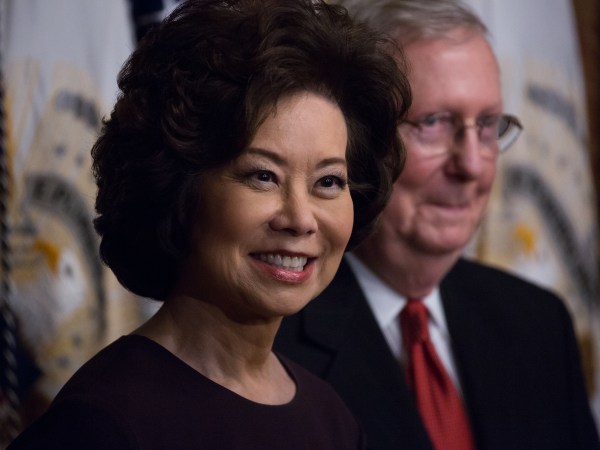 On Tuesday, January 31, (l-r) Elaine Chao after her swearing-in as the Transportation Secretary, with her husband Senator Mitch McConnell, in the Vice President’s Ceremonial Office in the Eisenhower Executive Office Building of the White House. (Photo by Cheriss May/NurPhoto)