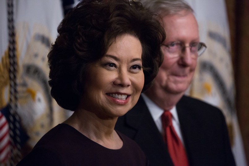On Tuesday, January 31, (l-r) Elaine Chao after her swearing-in as the Transportation Secretary, with her husband Senator Mitch McConnell, in the Vice President’s Ceremonial Office in the Eisenhower Executive Office Building of the White House. (Photo by Cheriss May/NurPhoto)