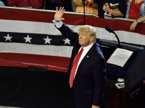 President Donald Trump greets supporters at a April 29, 2017 rally in Harrisburg, PA. The “Make America Great Again” event is to celebrate the president’s first 100 days in office and to campaign for the 2020 US Presidential Elections. (Photo by Bastiaan Slabbers/NurPhoto)