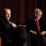 LOUISVILLE, KY-FEBRUARY 12: U.S. Senate Majority Leader Mitch McConnell (right) (R-KY) and U.S. Senate Democratic Leader Chuck Schumer (D-NY) wait on stage together at the University of Louisville's McConnell Center where Schumer was scheduled to speak February 12, 2018 in Louisville, Kentucky. Sen. Schumer spoke at the event as part of the Center's Distinguished Speaker Series, and Sen. McConnell introduced him. (Bill Pugliano/Getty Images)