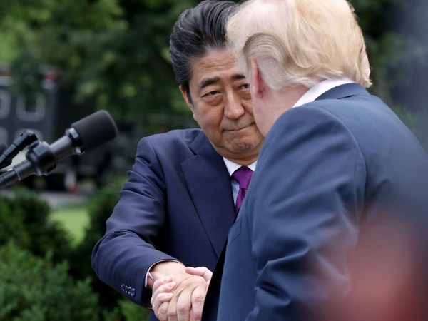 U.S. President Donald Trump and Japanese Prime Minister Shinzo Abe hold a joint news conference in the Rose Garden at the White House June 7, 2018 in Washington, DC. Trump and Abe discussed the upcoming U.S.-North Korea summit.