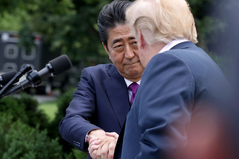 U.S. President Donald Trump and Japanese Prime Minister Shinzo Abe hold a joint news conference in the Rose Garden at the White House June 7, 2018 in Washington, DC. Trump and Abe discussed the upcoming U.S.-North Korea summit.