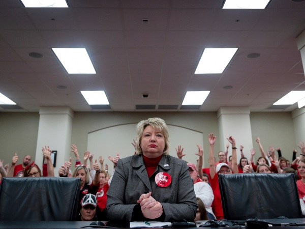 Kentucky Education Association President Stephanie Winkler speaks during a hearing on a bill that will change how individuals are nominated to the Kentucky teachers retirement systems board of trustees, in Frankfort, Ky, Thursday, Feb 28, 2019. (AP Photo/Bryan Woolston)