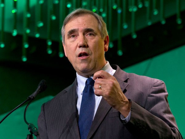 EMBARGOED - RELEASE AT 6:15 AM EST TUESDAY, MARCH 5        FILE - In this Jan. 24, 2019 file photo Sen. Jeff Merkley, D-Ore., speaks during the U.S. Conference of Mayors meeting in Washington. Merkley announced Tuesday, March 5, 2019 that he would not seek his party’s 2020 presidential nomination but will focus on his Senate re-election. (AP Photo/Jose Luis Magana, File)