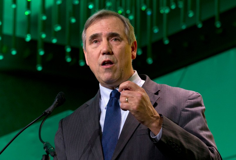 EMBARGOED - RELEASE AT 6:15 AM EST TUESDAY, MARCH 5        FILE - In this Jan. 24, 2019 file photo Sen. Jeff Merkley, D-Ore., speaks during the U.S. Conference of Mayors meeting in Washington. Merkley announced Tuesday, March 5, 2019 that he would not seek his party’s 2020 presidential nomination but will focus on his Senate re-election. (AP Photo/Jose Luis Magana, File)