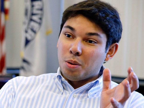 HOLD FOR OVERNIGHT STORY --- FILE - In this Jan. 6, 2016, file photo Fall River Mayor Jasiel Correia talks in his city hall office in Fall River, Mass. Correia was arrested Oct. 11, 2018, and charged with tax and wire fraud. He faces a recall election on Tuesday, March 12, 2019. (AP Photo/Stephan Savoia, File)