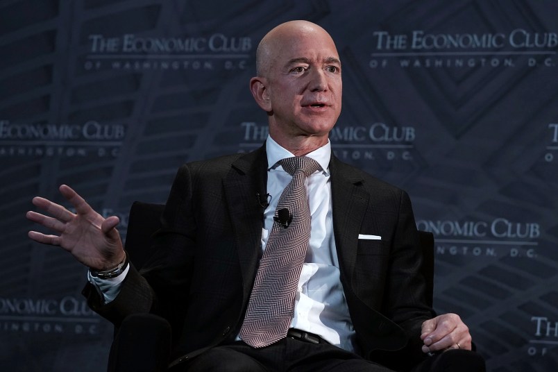 WASHINGTON, DC - SEPTEMBER 13:  CEO and founder of Amazon Jeff Bezos participates in a discussion during a Milestone Celebration dinner September 13, 2018 in Washington, DC. Economic Club of Washington celebrated its 32nd anniversary at the event.  (Photo by Alex Wong/Getty Images) *** Local Caption *** Jeff Bezos