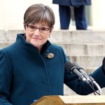 Laura Kelly speaks after being sworn in as the 48th governor of Kansas in an inauguration ceremony in front of the statehouse Monday, Jan. 14, 2019 in Topeka, Kan. (Jill Toyoshiba/The Kansas City Star/TNS)