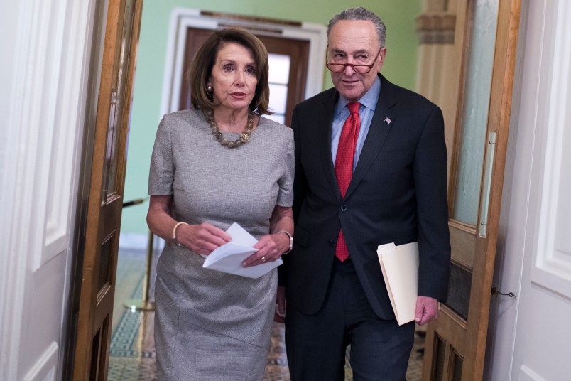 UNITED STATES - JANUARY 25: Speaker Nancy Pelosi, D-Calif., and Senate Minority Leader Charles Schumer, D-N.Y., arrive for a new conference in the Capitol about a continuing resolution to re-open the government on Friday, January 25, 2019. (Photo By Tom Williams/CQ Roll Call)