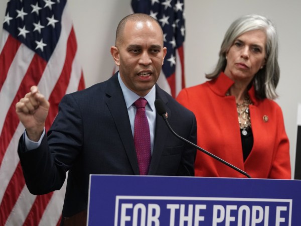 WASHINGTON, DC - JANUARY 09:  U.S. House Democratic Caucus Chairman Rep. Hakeem Jeffries (D-NY) speaks as House Democratic Caucus Vice Chair Katherine Clark (D-MA) listens during a news conference after a caucus meeting at the U.S. Capitol January 9, 2019 in Washington, DC. House Democrats gathered to discuss the Democratic agenda as the partial government shutdown enters day 19.  (Photo by Alex Wong/Getty Images)