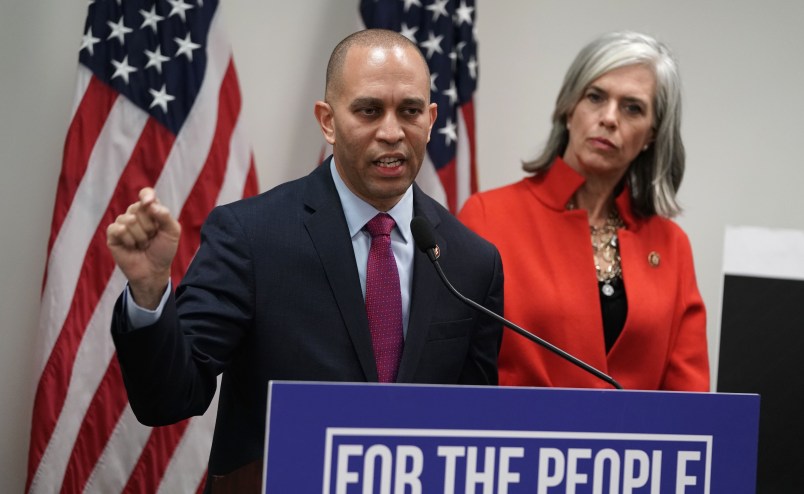 WASHINGTON, DC - JANUARY 09:  U.S. House Democratic Caucus Chairman Rep. Hakeem Jeffries (D-NY) speaks as House Democratic Caucus Vice Chair Katherine Clark (D-MA) listens during a news conference after a caucus meeting at the U.S. Capitol January 9, 2019 in Washington, DC. House Democrats gathered to discuss the Democratic agenda as the partial government shutdown enters day 19.  (Photo by Alex Wong/Getty Images)
