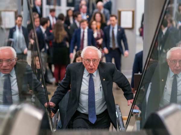 WASHINGTON, DC - FEBRUARY 14: Senator Bernie Sanders (I-VT) briefly  speaks to reporters about the released border security conference committee report, which would prevent another government shutdown, to be possibly voted on today in the Senate on Capitol Hill in Washington DC on Thursday February 14, 2019. (Photo by Melina Mara/The Washington Post)