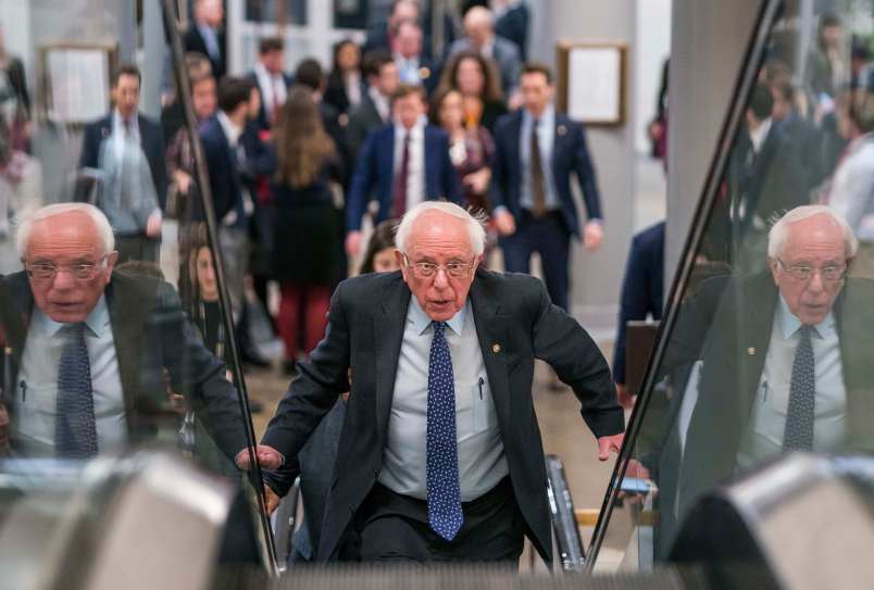 WASHINGTON, DC - FEBRUARY 14: Senator Bernie Sanders (I-VT) briefly  speaks to reporters about the released border security conference committee report, which would prevent another government shutdown, to be possibly voted on today in the Senate on Capitol Hill in Washington DC on Thursday February 14, 2019. (Photo by Melina Mara/The Washington Post)