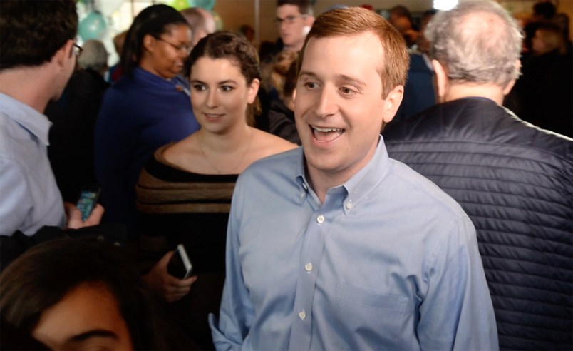 Democrat Dan McCready makes his way through the crowd at The Dreamchaser's Brewery on Friday, Feb. 22, 2019 in Waxhaw, N.C. Following Thursday's decisive 5-0 vote by the North Carolina State Board of Elections in favor of a new election for the 9th Congressional District, McCready held a rally for supporters. (Jeff Siner/Charlotte Observer/TNS)