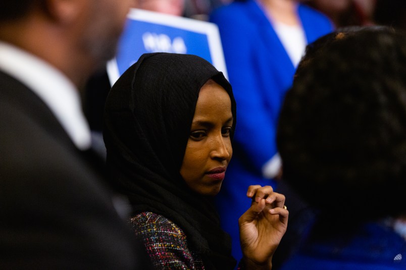 Rep. Ilhan Omar (D-MN), attends a news conference to introduce H.R. 4, Voting Rights Advancement Act, on Capitol Hill in Washington, DC, on Tuesday, Feb. 26, 2019. (Photo by Cheriss May/NurPhoto)