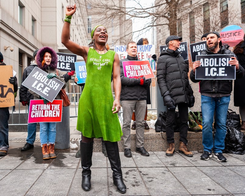 FEDERAL COURT HOUSE, NEW YORK CITY, NEW YORK, UNITED STATES - 2019/03/01: Patricia Okoumou, the woman who climbed the Statue of Liberty in protest of the Trump administration's immigration policy, today appeared in court after her arrest in Austin, Texas last month where she climbed on a building which houses immigrant children separated from their parents. Magistrate Judge Gabriel Gorenstein ruled that Okoumou has to wear an ankle monitor and also ordered home detention until her sentencing date on March 19. (Photo by Gabriele Holtermann-Gorden/Pacific Press/LightRocket via Getty Images)