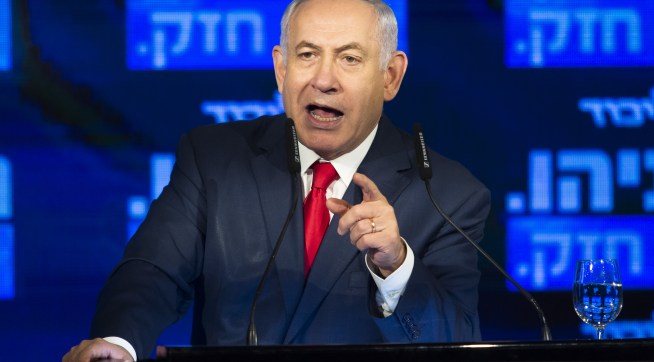 RAMAT GAN, ISRAEL - MARCH 04:  Israel's Prime Minster Benjamin Netanyahu delivers a speech during the launch of the Likud party election campaign on March 4, 2019 in Ramat Gan, Israel.  (Photo by Amir Levy/Getty Images)