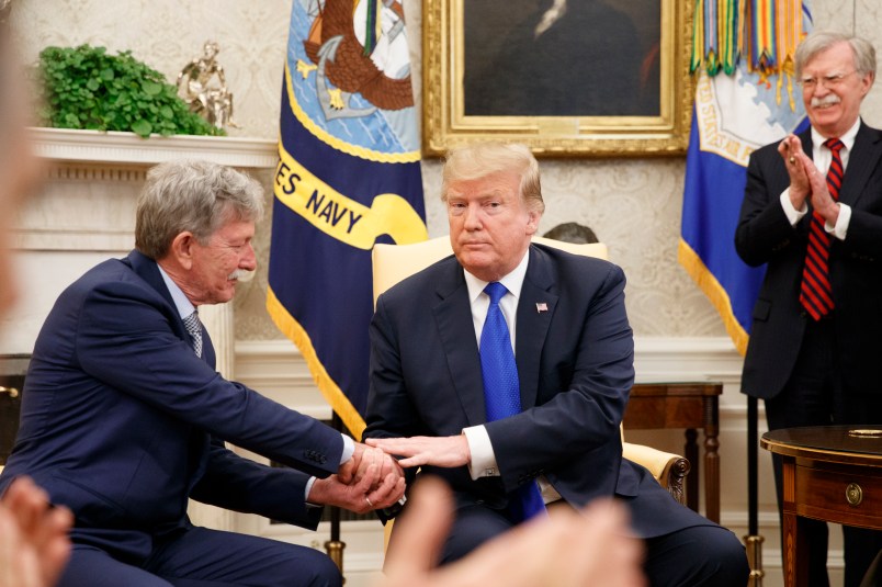 WASHINGTON, DC - MARCH 06: Danny Burch (L), former United States hostage in Yemen greets President Donald Trump inside the Oval Office of the White House on March 6, 2019 in Washington, DC. (Photo by Tom Brenner/Getty Images)