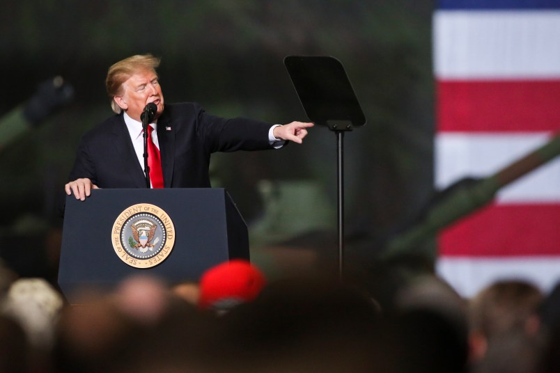 LIMA, OH - MARCH 20: US President Donald J. Trump speaks at the Joint Systems Manufacturer on March 20, 2019 in Lima, Ohio. Trump visited the northeastern Ohio defense manufacturing plant to discuss his successes in the economy, job growth, John McCain and ISIS. (Photo by Andrew Spear/Getty Images)*** Local Caption *** Donald Trump