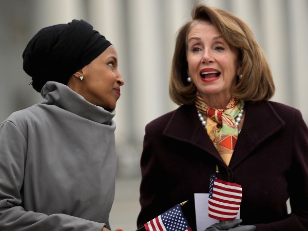 WASHINGTON, DC - MARCH 08: Rep. Ilhan Omar (D-MN) (L) talks with Speaker of the House Nancy Pelosi (D-CA) during a rally with fellow Democrats before voting on H.R. 1, or the People Act, on the East Steps of the U.S. Capitol March 08, 2019 in Washington, DC. With almost zero chance of passing the Senate, H.R. 1 is a package of legislation aimed at bolstering voting rights, reducing corruption in Washington and overhauling the campaign finance system in an effort to reduce the influence of 'special interests.' (Photo by Chip Somodevilla/Getty Images)