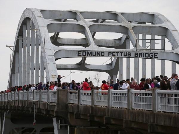 SELMA, AL - MARCH 08:   on March 8, 2015 in Selma, Alabama. Tens of thousands of people gathered in Selma to commemorate the 50th anniversary of the famed civil rights march from Selma to Montgomery that resulted in a violent confrontation with Selma police and State Troopers on the Edmund Pettus Bridge on March 7, 1965.  (Photo by Justin Sullivan/Getty Images)