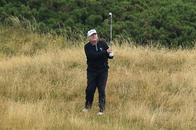 U.S. President Donald Trump plays a round of golf at Trump Turnberry Luxury Collection Resortduring the U.S. President's first official visit to the United Kingdom on July 15, 2018 in Turnberry, Scotland. The President of the United States and First Lady, Melania Trump on their first official visit to the UK after yesterday's meetings with the Prime Minister and the Queen is in Scotland for private weekend stay at his Turnberry.