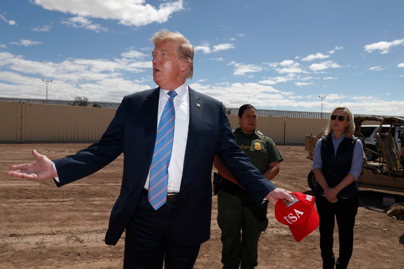 President Donald Trump exits Air Force One on arrival at Naval Air Facility El Centro, in El Centro, Calif., Friday April 5, 2019. (AP Photo/Jacquelyn Martin)on plane:Rep. Kevin McCarthy, R-Calif.,Rep. Ken Calvert, R-Calif.,Rep. Mike Rogers, R-Ala.,Rep. Tom McClintock, R-Calif.,Rep. Chuck Fleischmann, R-Tenn.,Rep. Doug LaMalfa, R-Calif.,Commissioner of Customs and Border Protection Kevin McAleenanArmy Corp. of Engineers Lt. Gen. Todd Semonite President Donald Trump leaves the airport in El Centro, Calif., en route to Calexico, Calif., Friday April 5, 2019. (AP Photo/Jacquelyn Martin) President Donald Trump arrives at U.S. Border Patrol Calexico Station in Calexico, Calif., Friday April 5, 2019. (AP Photo/Jacquelyn Martin) President Donald Trump participates in a roundtable on immigration and border security at the U.S. Border Patrol Calexico Station in Calexico, Calif., Friday April 5, 2019. (AP Photo/Jacquelyn Martin) President Donald Trump leaves U.S. Border Patrol Calexico Station en route to the Border Wall, in Calexico, Calif., Friday April 5, 2019. (AP Photo/Jacquelyn Martin) President Donald Trump arrives at the Border Wall in Calexico, Calif., Friday April 5, 2019. (AP Photo/Jacquelyn Martin) President Donald Trump visits the Border Wall in Calexico, Calif., Friday April 5, 2019. (AP Photo/Jacquelyn Martin) President Donald Trump leaves Calexico, Calif., en route to El Centro, Calif., Friday April 5, 2019. (AP Photo/Jacquelyn Martin) President Donald Trump arrives at Naval Air Facility El Centro in El Centro, Calif., Friday April 5, 2019. (AP Photo/Jacquelyn Martin)President Donald Trump leaves El Centro, Calif., en route to Los Angeles, Friday April 5, 2019.(AP Photo/Jacquelyn Martin) President Donald Trump arrives at Los Angeles International Airport in Los Angeles, Friday April 5, 2019. (AP Photo/Jacquelyn Martin) President Donald Trump departs Los Angeles International Airport en route to the Santa Monica Airport Landing Zone, in Santa Monica, Calif., Friday April 5, 2019. (AP Photo/Jacquelyn Martin)President Donald Trump arrives at Santa Monica Airport Landing Zone in Santa Monica, Calif., Friday April 5, 2019. (AP Photo/Jacquelyn Martin) President Donald Trump leaves the Santa Monica Airport Landing Zone en route to a private residence for a fundraise, Santa Monica, Calif., Friday April 5, 2019. (AP Photo/Jacquelyn Martin) President Donald Trump arrives at a private residence in Beverly Hills, Calif., to meet with supporters during a fundraiser, Friday April 5, 2019. (AP Photo/Jacquelyn Martin) President Donald Trump attends a roundtable with supporters in Beverly Hills, Calif., during a fundraiser, Friday April 5, 2019.(AP Photo/Jacquelyn Martin) President Donald Trump speaks during a joint fundraising dinner in Beverly Hills, Calif., Friday April 5, 2019. (AP Photo/Jacquelyn Martin) President Donald Trump leaves a private residence in Beverly Hills, Calif., en route to Santa Monica Airport Landing Zone, Friday April 5, 2019. (AP Photo/Jacquelyn Martin) President Donald Trump arrives at Santa Monica Airport Landing Zone, in Santa Monica, Calif., Friday April 5, 2019. (AP Photo/Jacquelyn Martin) President Donald Trump waves as he exits Air Force One on arrival in Los Angeles Friday April 5, 2019. (AP Photo/Jacquelyn Martin) President Donald Trump leaves Los Angeles en route to Las Vegas Friday April 5, 2019. (AP Photo/Jacquelyn Martin) President Donald Trump waves as he arrives at McCarran International Airport in Las Vegas Friday April 5, 2019. (AP Photo/Jacquelyn Martin)President Donald Trump arrives at his hotel in Las Vegas Friday April 5, 2019. (AP Photo/Jacquelyn Martin)