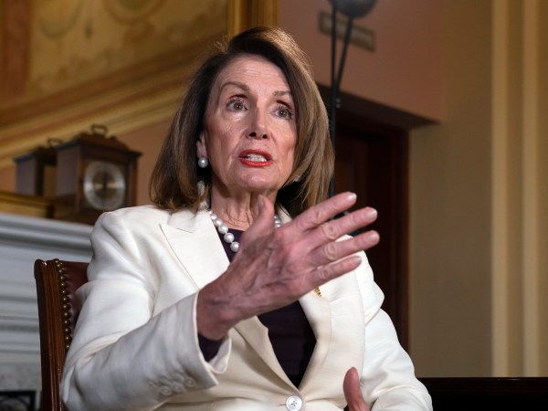 Speaker of the House Nancy Pelosi, D-Calif., reflects on her the first 100 days of the new Democratic House majority, the presidency of Donald Trump, and her power as the highest-ranking elected woman in United States history, during an interview with The Associated Press in her office at the Capitol in Washington, Wednesday, April 10, 2019. (AP Photo/J. Scott Applewhite)