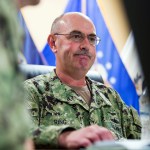 In this photo reviewed by U.S. military officials, U.S. Navy Rear Adm. John Ring, Joint Task Force Guantanamo Commander, pauses while speaking during a roundtable discussion with the media, Wednesday, April 17, 2019, in Guantanamo Bay Naval Base, Cuba. (AP Photo/Alex Brandon)