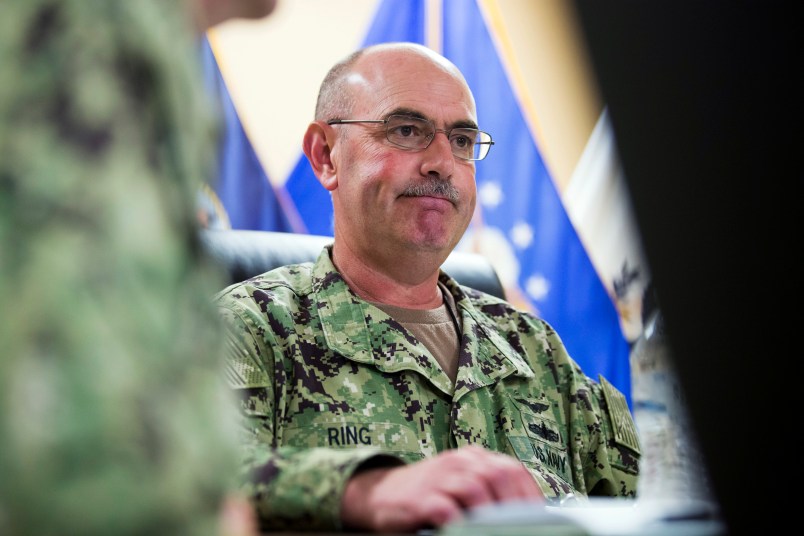 In this photo reviewed by U.S. military officials, U.S. Navy Rear Adm. John Ring, Joint Task Force Guantanamo Commander, pauses while speaking during a roundtable discussion with the media, Wednesday, April 17, 2019, in Guantanamo Bay Naval Base, Cuba. (AP Photo/Alex Brandon)