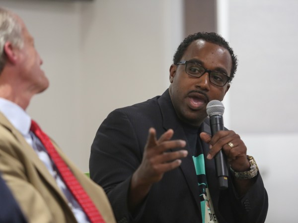 David Ayala, community organizer of Latino Justice PRLDEF, speaks on a panel about Amendment 4 hosted by the Orlando Sentinel on Thursday, Oct. 25, 2018. (Sarah Espedido/Orlando Sentinel/TNS)