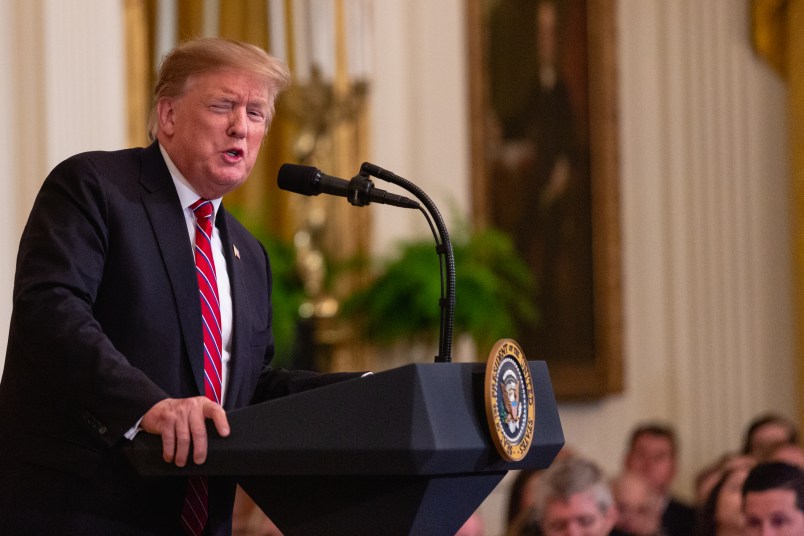 U.S. President Donald Trump delivers remarks at the 2019 White House Prison Reform Summit and First Step Act celebration. Hosted in the East Room of the White House in Washington, D.C., On Monday, April 1, 2019. (Photo by Cheriss May/NurPhoto)