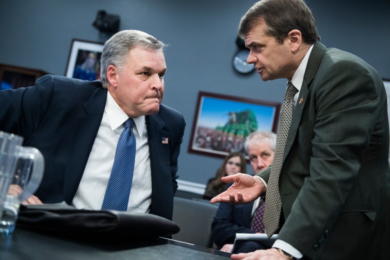 UNITED STATES - APRIL 9: IRS Commissioner Charles P. Rettig, left, talks with Chairman Mike Quigley, D-Ill., during a House Appropriations Subcommittee on Financial Services and General Government hearing in Rayburn Building on the IRS's budget request for Fiscal Year 2020 on Tuesday, April 9, 2019. (Photo By Tom Williams/CQ Roll Call)