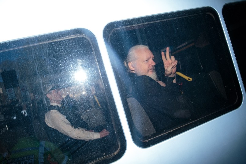LONDON, ENGLAND - APRIL 011: Wikileaks founder Julian Assange arrives at Westminster Magistrates Court by police van after being arrested on April 11, 2019 in London, England. (Photo by Jack Taylor/Getty Images)