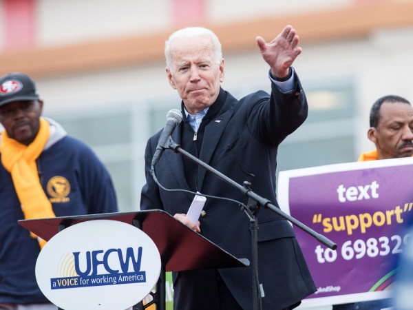 DORCHESTER, MA - APRIL 18:  Former Vice President Joe Biden speaks in front of a Stop & Shop in support of union workers on April 18, 2019 in Dorchester, Massachusetts. Thousands of unionized Stop & Shop workers across New England walked off the job last week in an ongoing strike in response to a proposed contract which the United Food & Commercial Workers union says would cut health care benefits and pensions for employees.  (Photo by Scott Eisen/Getty Images) *** Local Caption *** Joe Biden