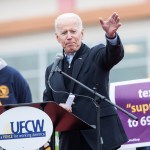 DORCHESTER, MA - APRIL 18:  Former Vice President Joe Biden speaks in front of a Stop & Shop in support of union workers on April 18, 2019 in Dorchester, Massachusetts. Thousands of unionized Stop & Shop workers across New England walked off the job last week in an ongoing strike in response to a proposed contract which the United Food & Commercial Workers union says would cut health care benefits and pensions for employees.  (Photo by Scott Eisen/Getty Images) *** Local Caption *** Joe Biden
