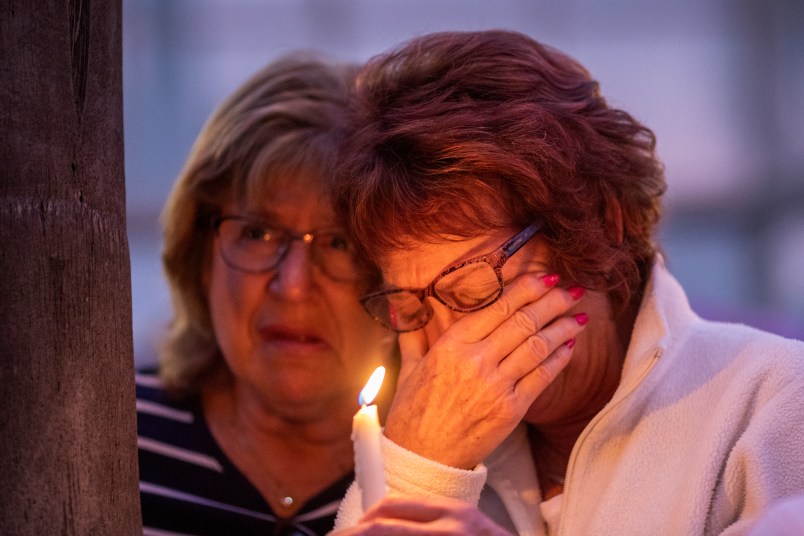 POWAY, CA - APRIL 27: People attend a prayer and candlelight vigil at Rancho Bernardo Community Presbyterian Church after a gunman opened fire in nearby Congregation Chabad synagogue on the last day of Passover on April 27, 2019 in Poway, California. One person has died and three others injured. The suspect is in custody.  (Photo by David McNew/Getty Images)